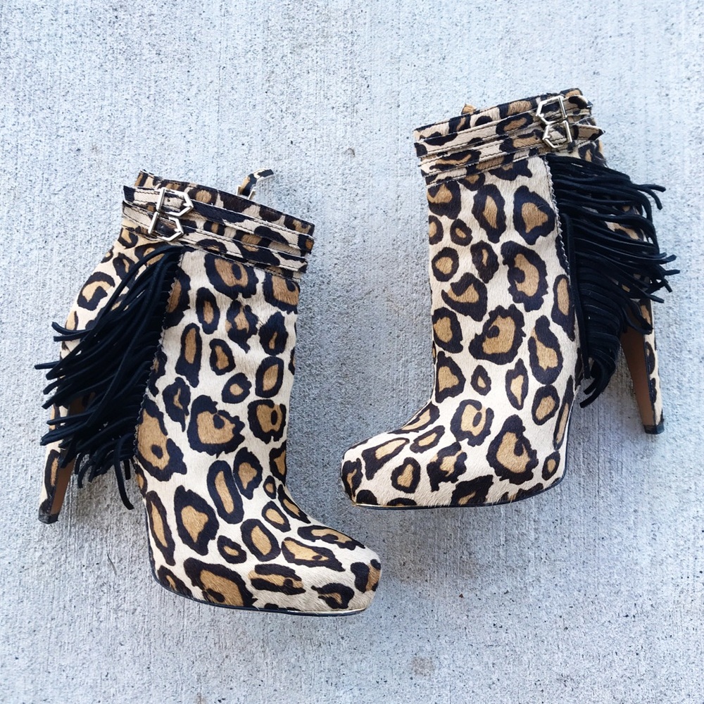 Sam Edelman leopard fringe booties high heels